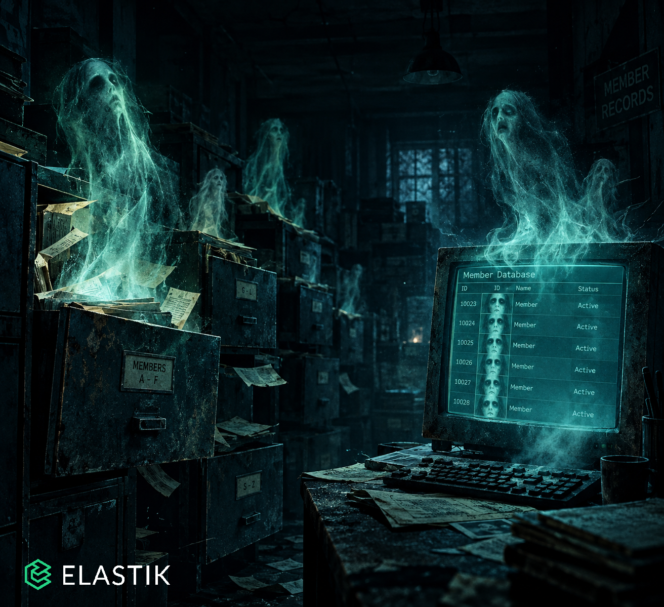 Ghosts rising from open filing drawers of member records and from a computer screen listing the member database