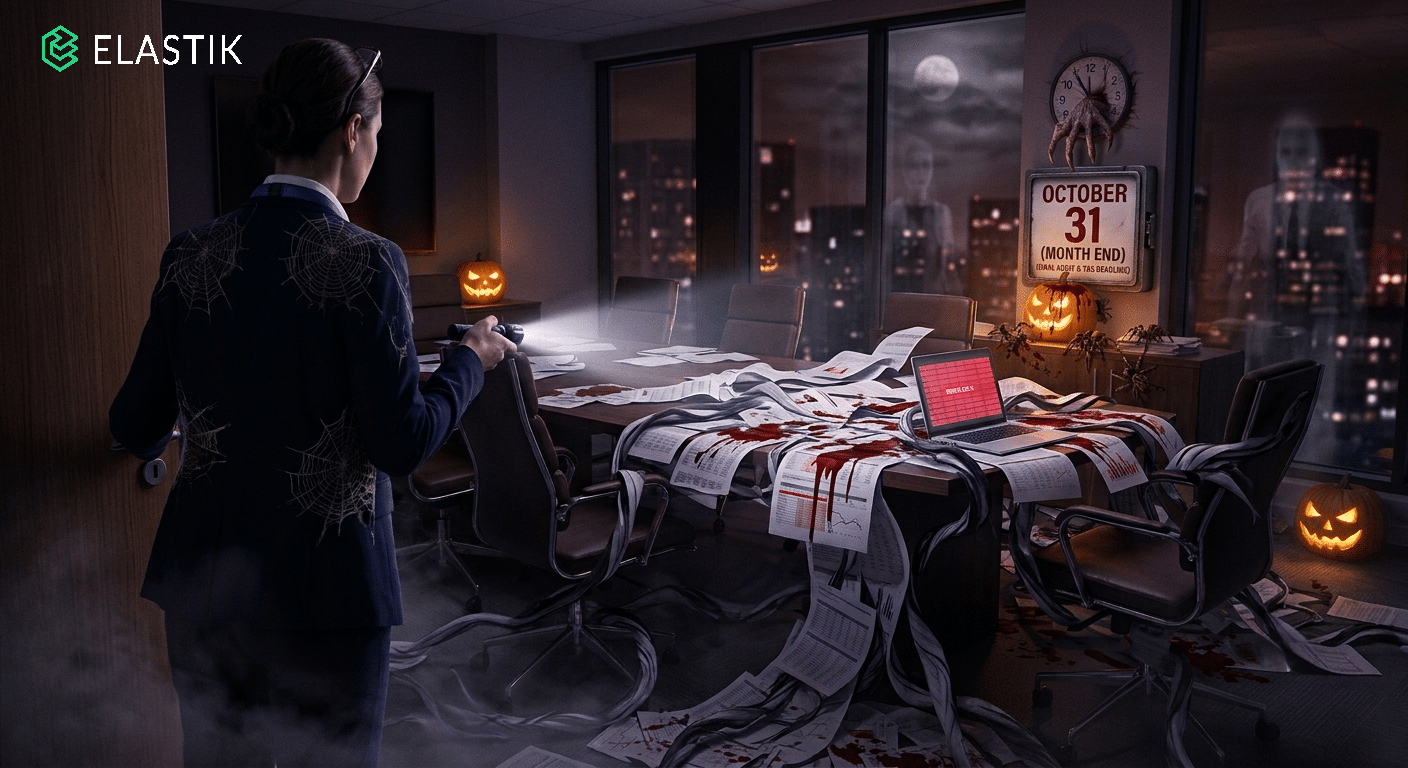 An office at midnight on October 31 with spreadsheets spilling across the meeting table and a person holding a flashlight