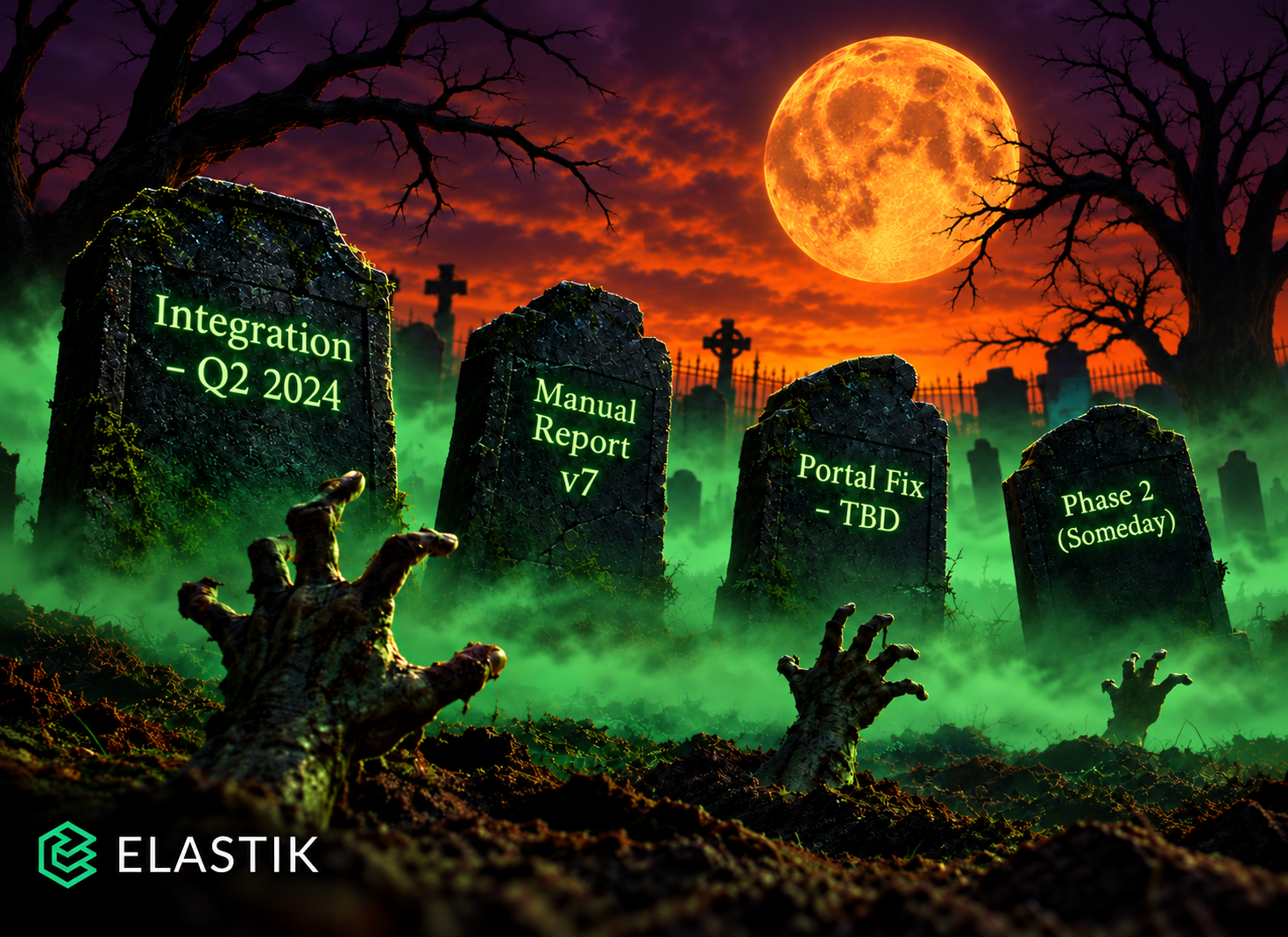 Neon-green tombstones labeled with forgotten project backlog items, with zombie hands rising from the soil beneath a glowing orange moon