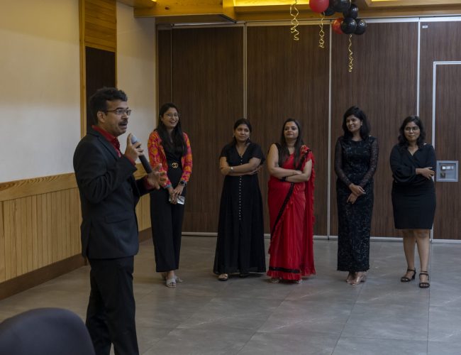 Co-founder Abhijeet addressing team members at ET's Second Year Anniversary Celebration