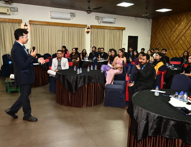 Co-founder Abhijeet addressing team members at ET's Fourth Year Anniversary Celebration